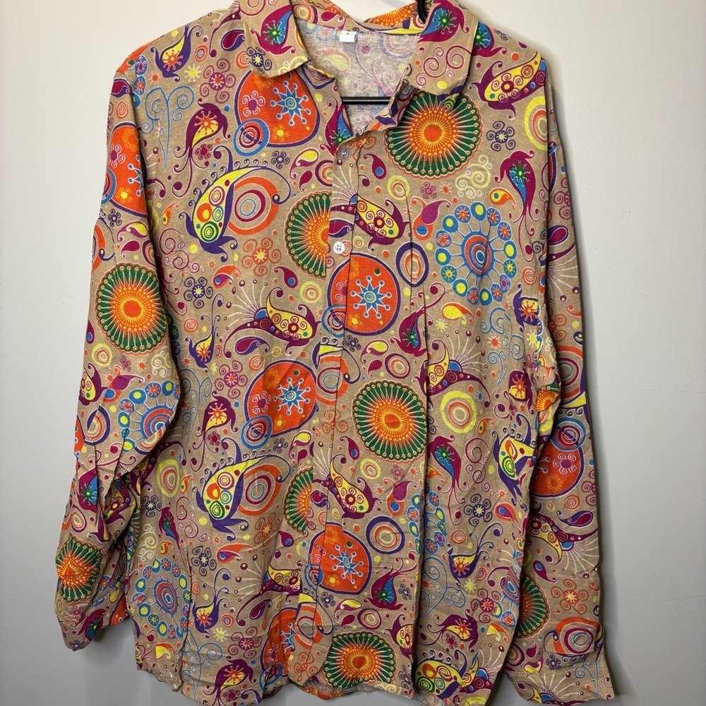 Colorful Paisley Men's Shirt Size large button down 35% linen